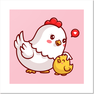 Cute Mom Chicken And Chick Cartoon Posters and Art